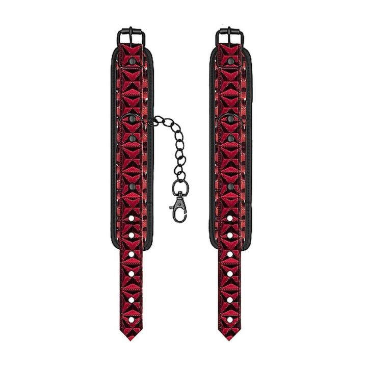 Bordowe kajdanki BDSM z regulacją 21–31 cm i łańcuszkiem 15,5 cm