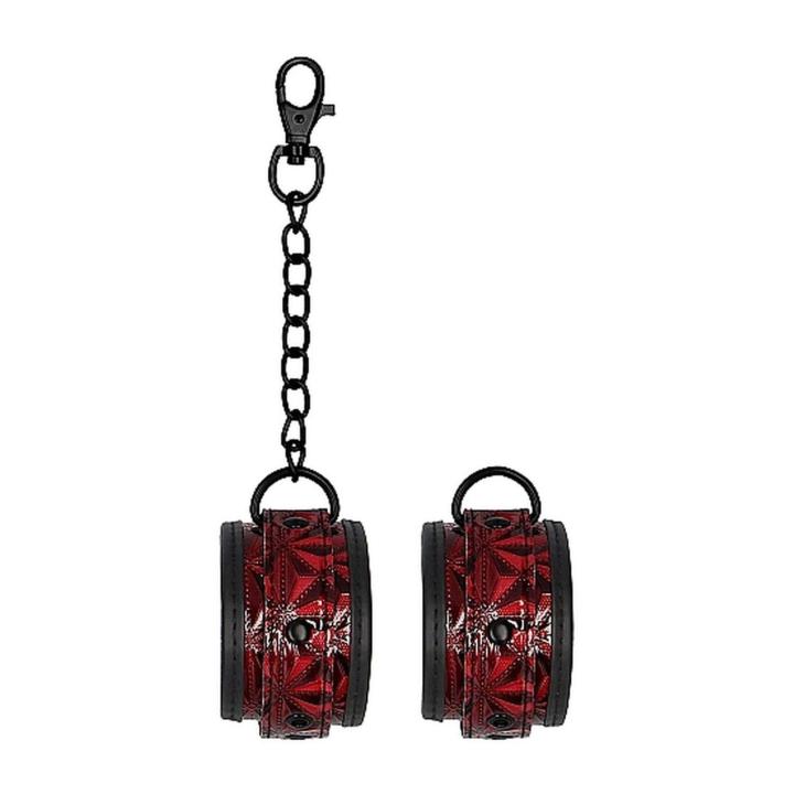 Bordowe kajdanki BDSM z regulacją 21–31 cm i łańcuszkiem 15,5 cm