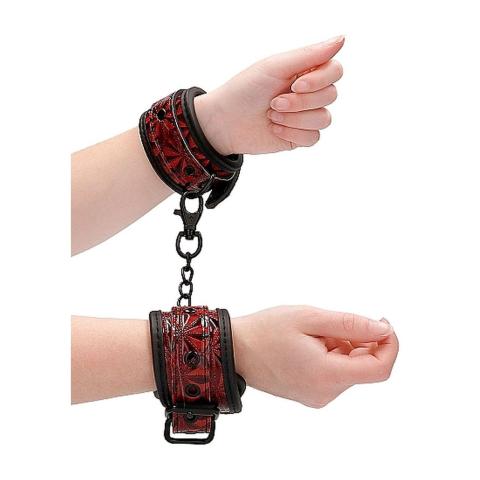 Bordowe kajdanki BDSM z regulacją 21–31 cm i łańcuszkiem 15,5 cm