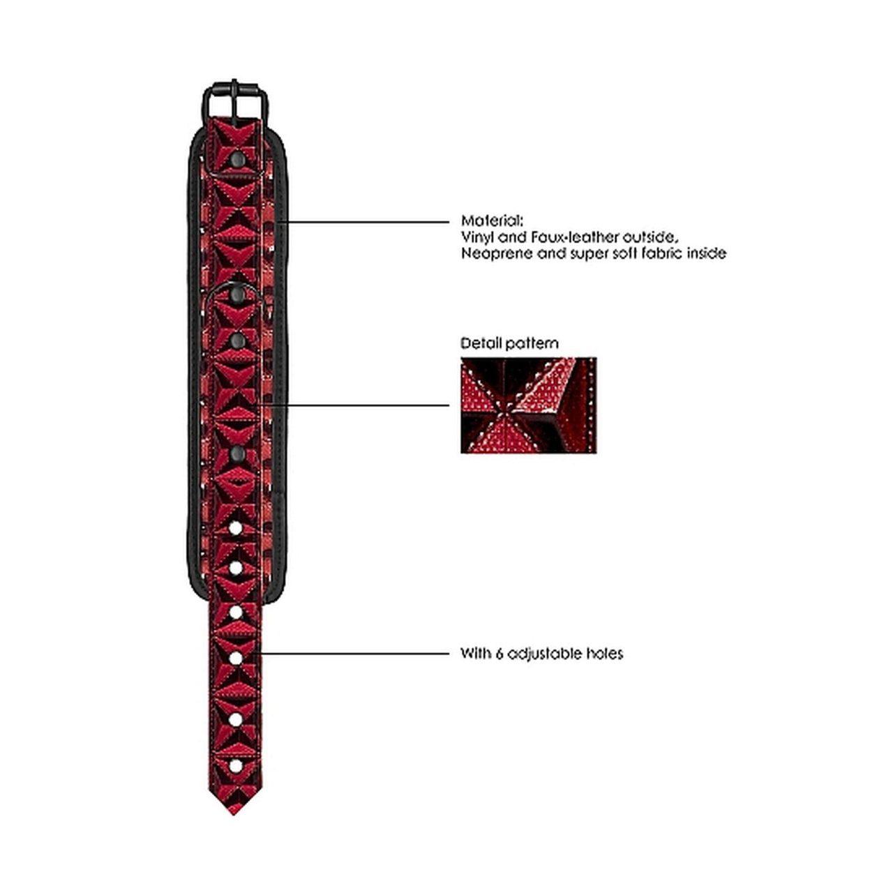 Bordowe kajdanki BDSM z regulacją 21–31 cm i łańcuszkiem 15,5 cm | Loris.pl