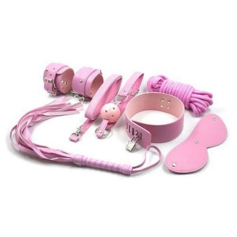 Różowy zestaw BDSM i bondage dla par | knebel, obroża, kajdanki, lina