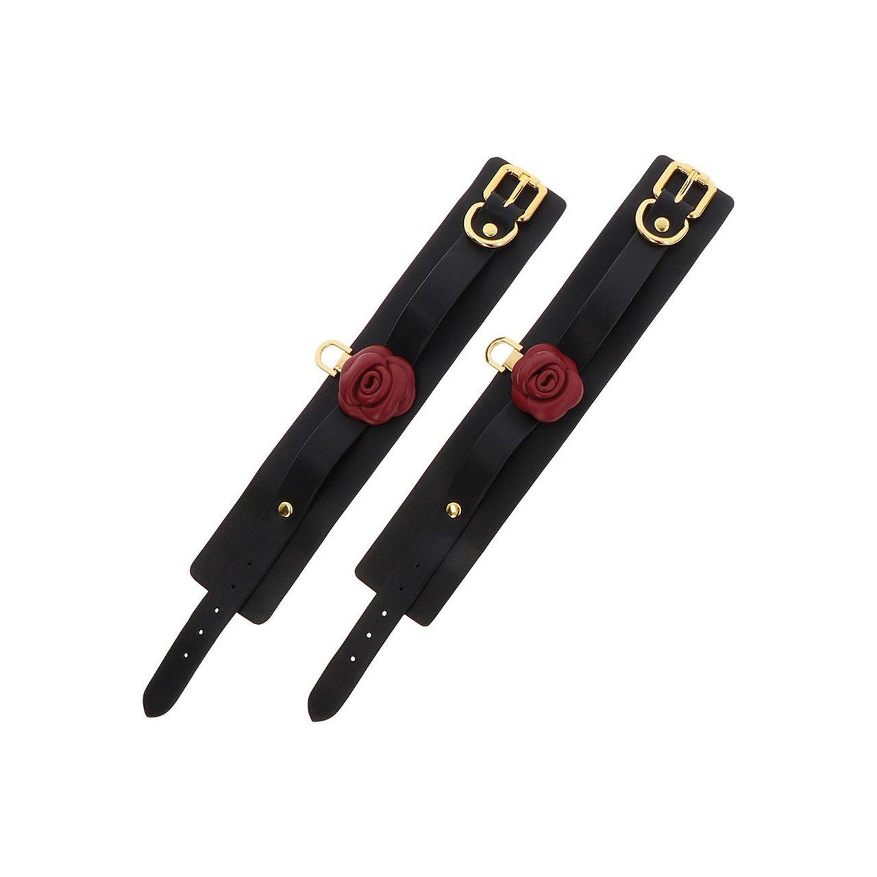 Kajdanki na kostki BDSM czarne z różą – eko skóra | Loris.pl