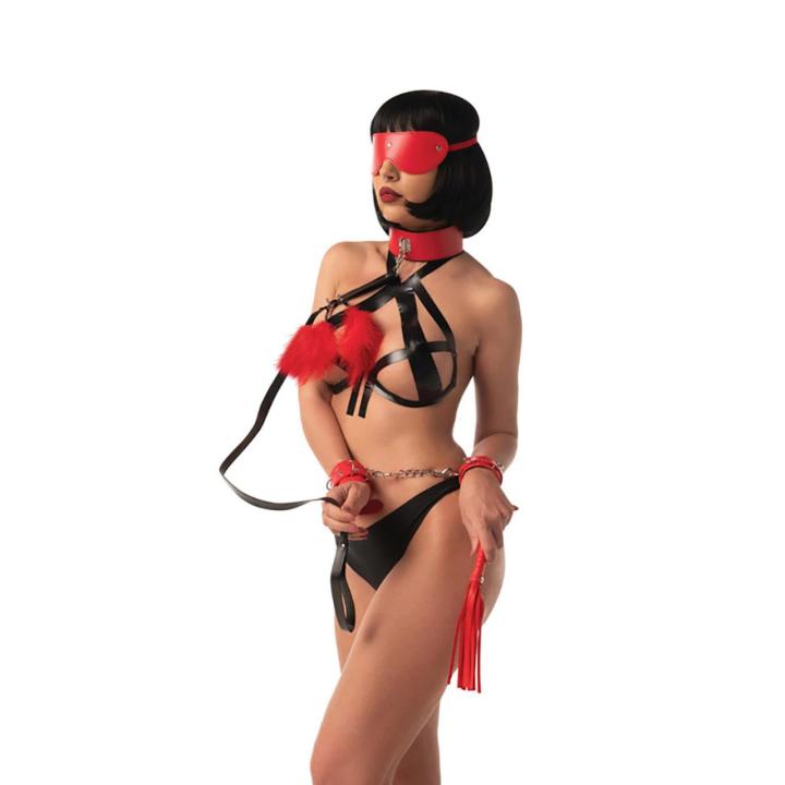 Zestaw BDSM 5 elementów do bondage – maska, kajdanki, obroża, klamry i flogger