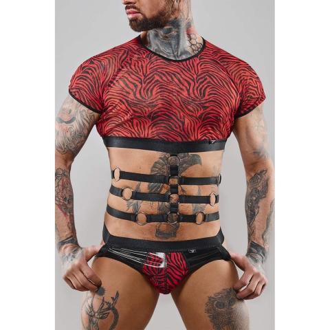 Męski top fetish z gumkami i kółkami L – tiul zebra