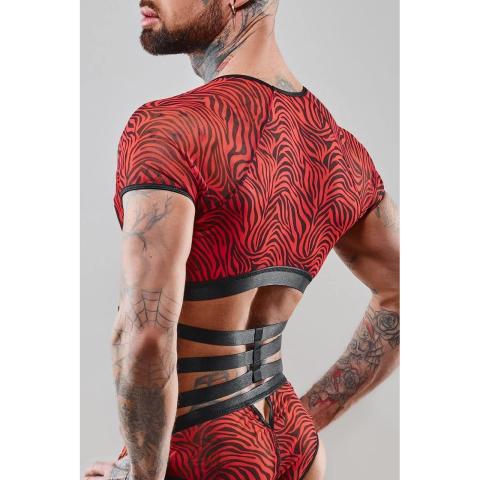 Męski top fetish z gumkami i kółkami L – tiul zebra
