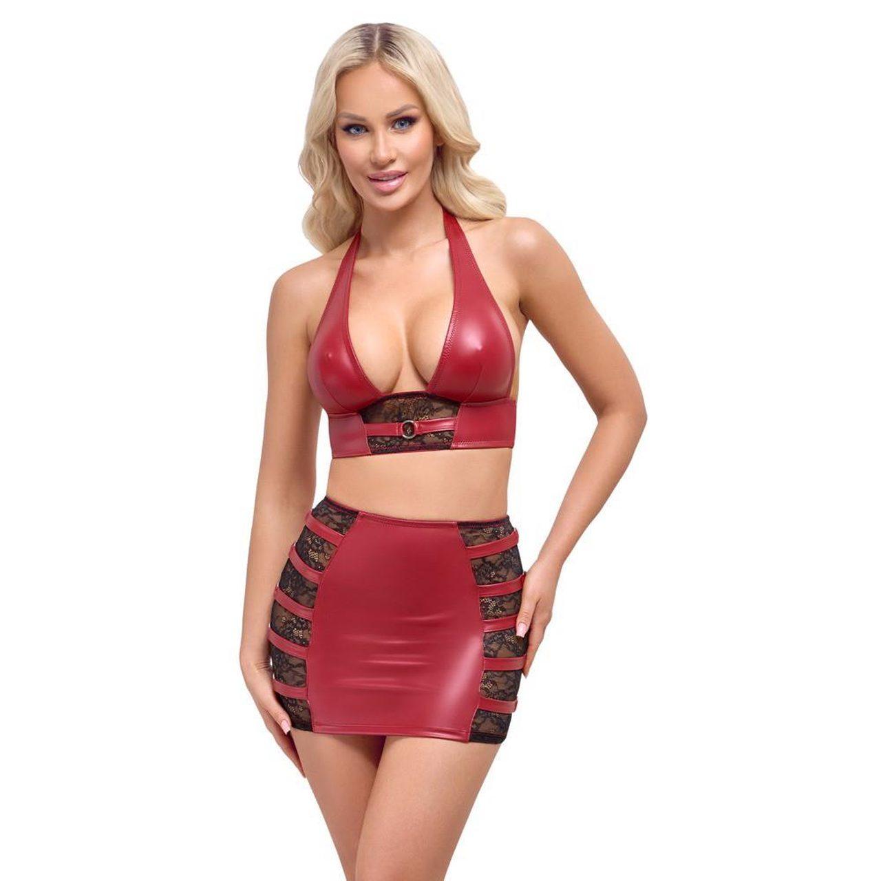 Czerwony komplet wet look z koronką S – top halter i mini spódniczka | Loris.pl