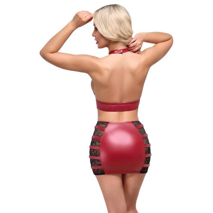Czerwony komplet wet look z koronką S – top halter i mini spódniczka