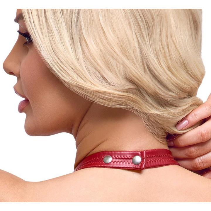 Czerwony komplet wet look z koronką S – top halter i mini spódniczka
