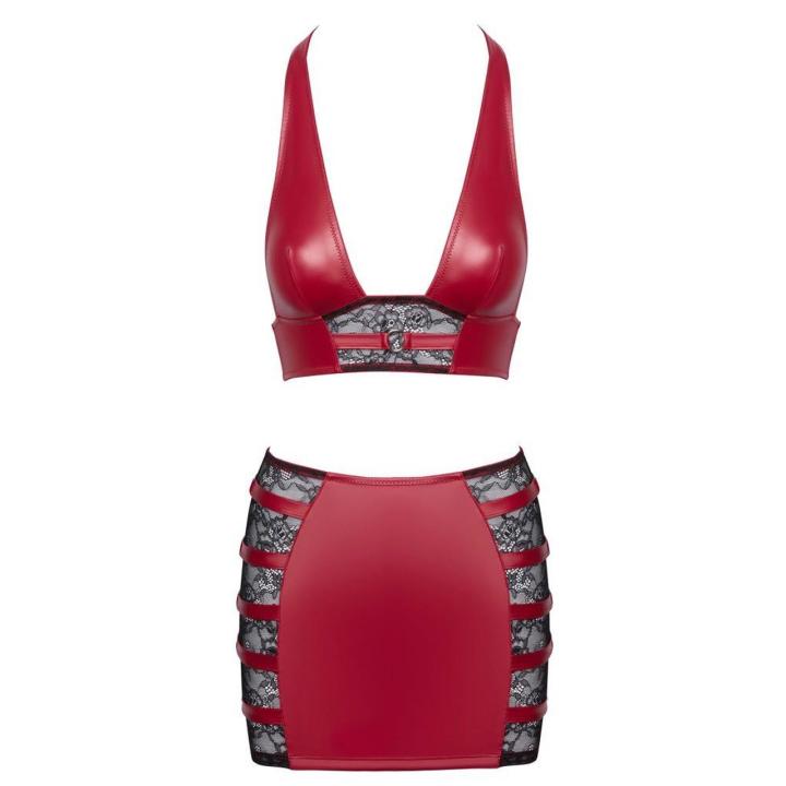 Czerwony komplet wet look z koronką S – top halter i mini spódniczka