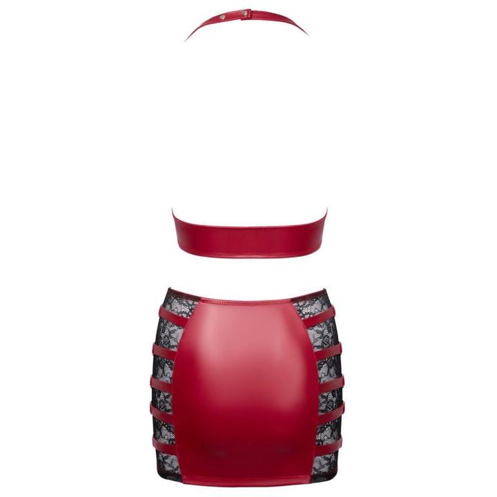 Czerwony komplet wet look z koronką S – top halter i mini spódniczka
