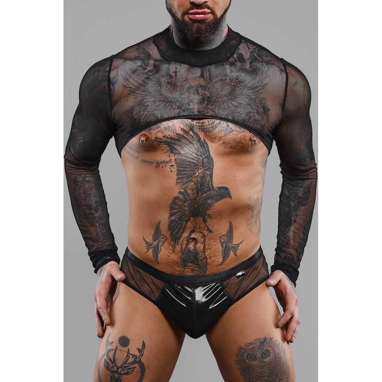 Czarny tiulowy crop top męski z długim rękawem S | Loris.pl