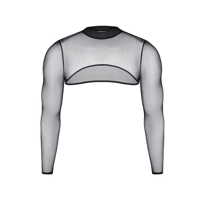 Czarny tiulowy crop top męski z długim rękawem S