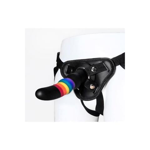 Tęczowy strap-on 17 cm z uprzężą | Silikon bez ftalanów