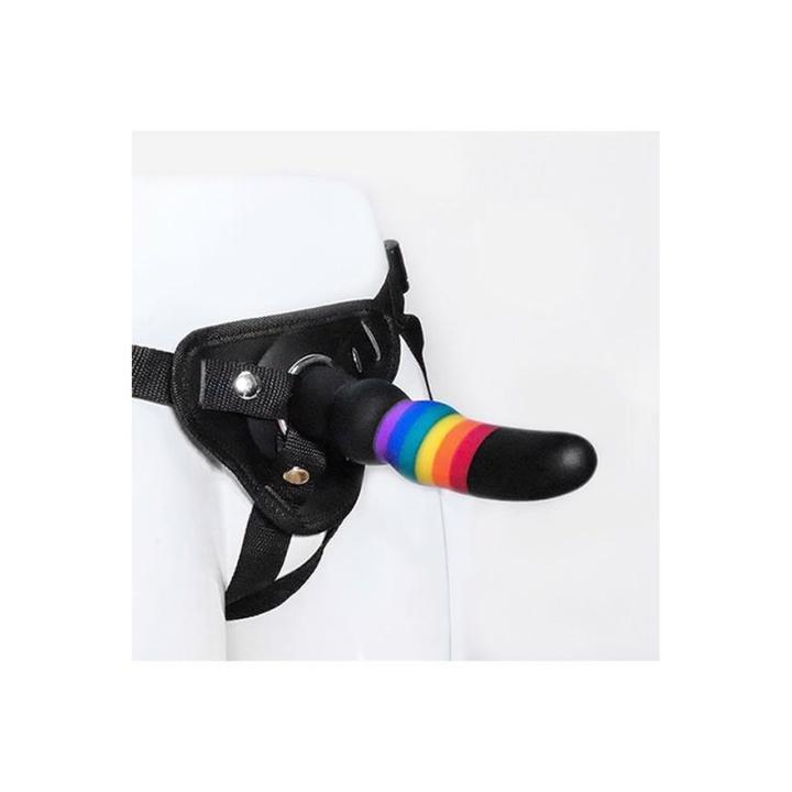 Tęczowy strap-on 17 cm z uprzężą | Silikon bez ftalanów