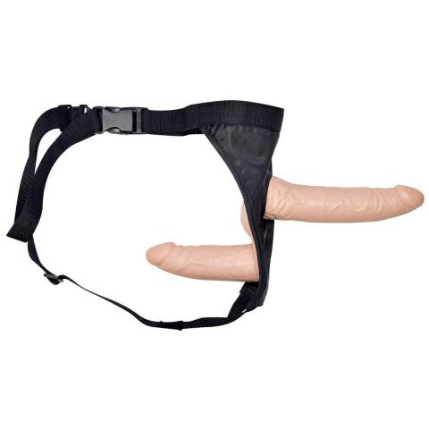 Podwójny strap-on bez wibracji cielisty – dildo 19 cm i 13 cm