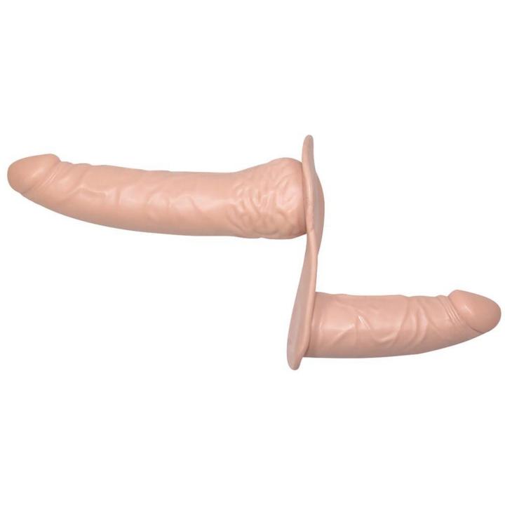 Podwójny strap-on bez wibracji cielisty – dildo 19 cm i 13 cm