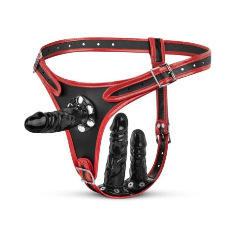 Uprząż strap-on na 3 dildo – regulowana, stabilna