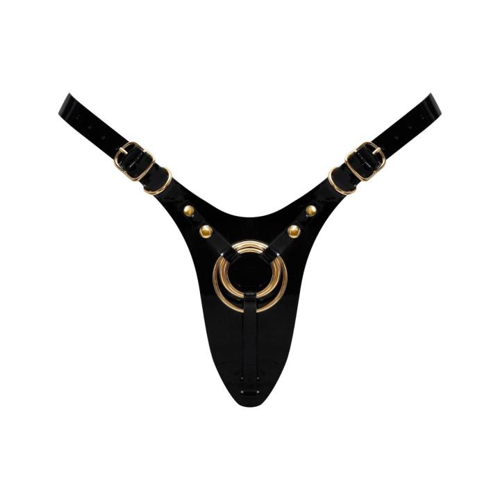 Lakierowana uprząż strap-on czarna z regulacją i 3 pierścieniami | Loris.pl