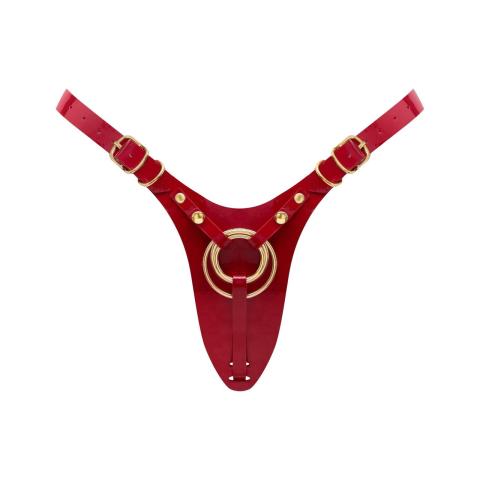 Czerwone lakierowane szelki strap-on one size | 3 pierścienie i regulacja
