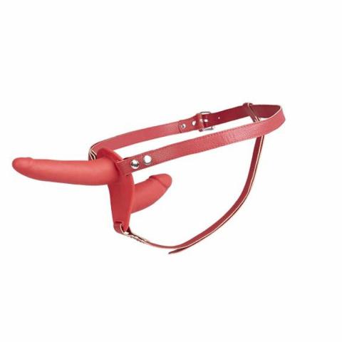 Czerwony strap-on z podwójnym dildo 14,5 cm | Bez wibracji