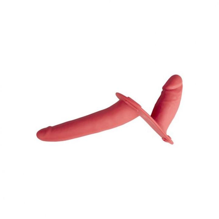 Czerwony strap-on z podwójnym dildo 14,5 cm | Bez wibracji