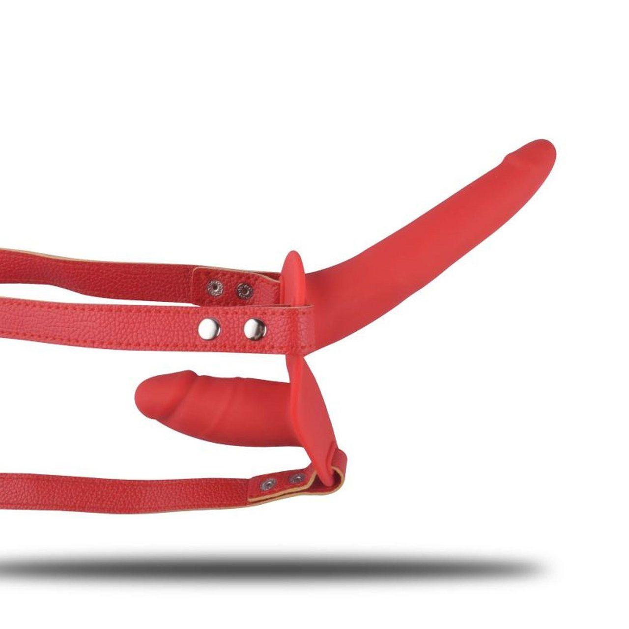 Czerwony strap-on z podwójnym dildo 14,5 cm | Bez wibracji | Loris.pl