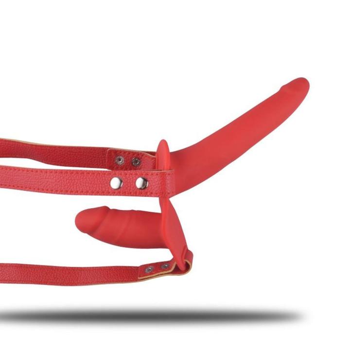 Czerwony strap-on z podwójnym dildo 14,5 cm | Bez wibracji