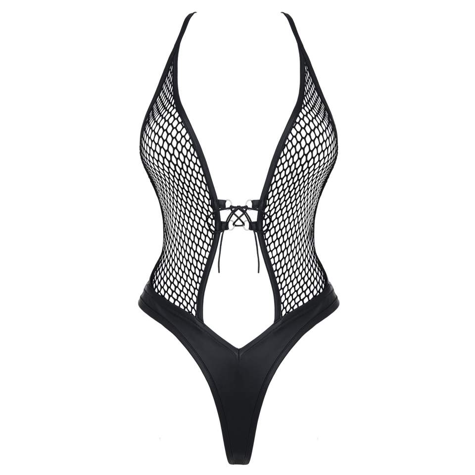 Czarne body Demoniq Tetyda o nowoczesnym kroju + seksowne rajstopy 