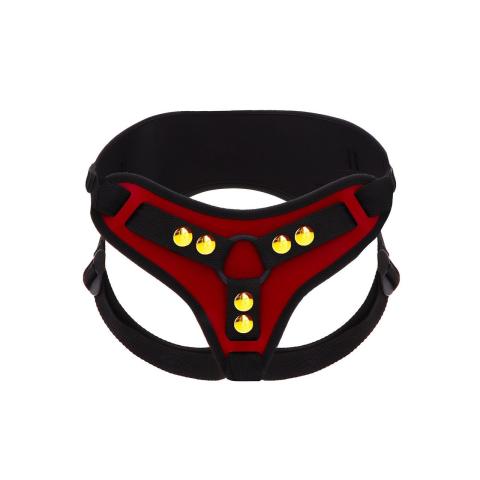 Czerwona uprząż strap-on deluxe z podparciem pleców i ringami 3,5/4,5 cm