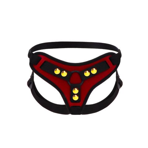 Czerwona uprząż strap-on z 2 pierścieniami 3,5 i 4,5 cm