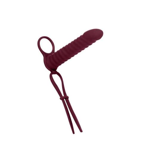 Bordowa nasadka strap-on z wibracją i podwójną penetracją 16,2 cm