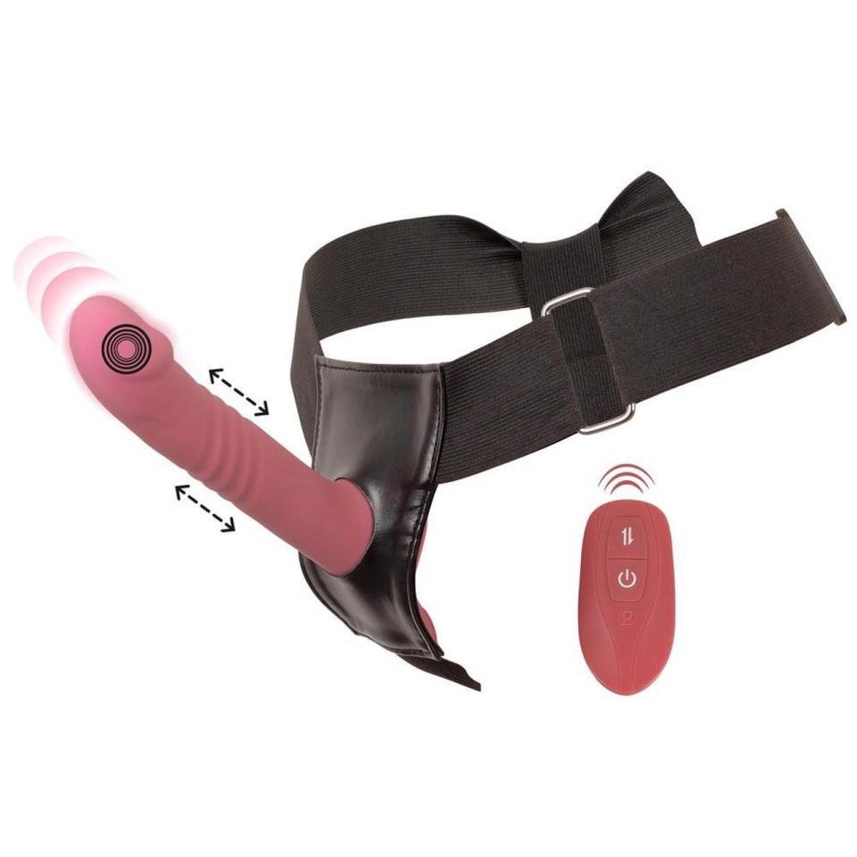 Różowy strap-on z wibracjami i ruchem posuwistym oraz pilotem