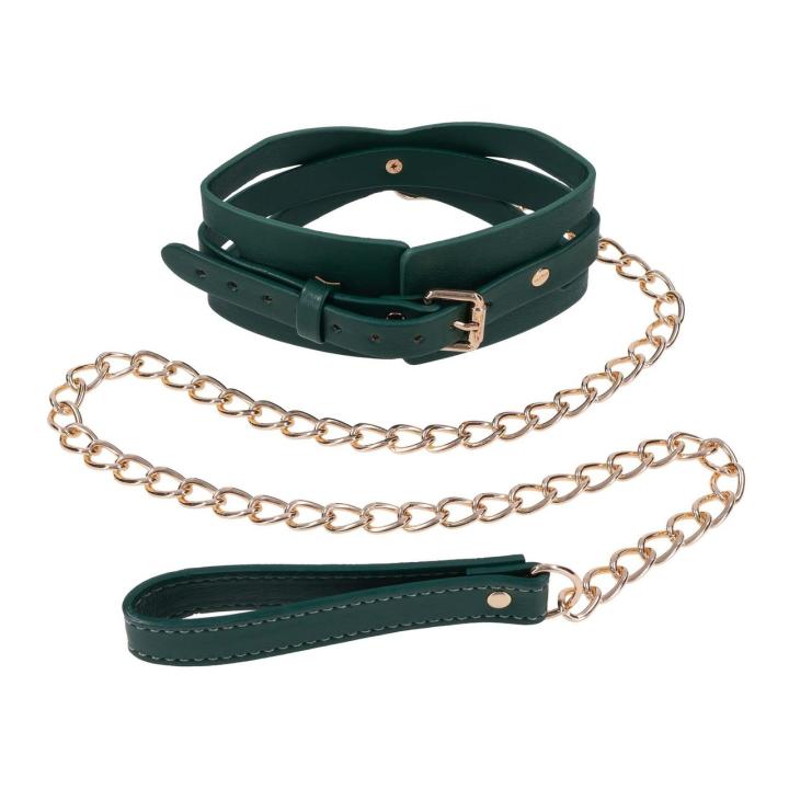 Zielona obroża BDSM ze smyczą – regulacja 34,3–47 cm | Loris.pl