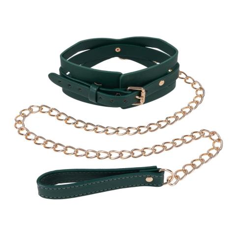 Zielona obroża BDSM ze smyczą – regulacja 34,3–47 cm