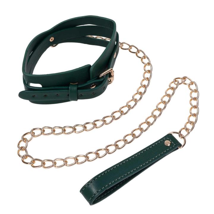 Zielona obroża BDSM ze smyczą – regulacja 34,3–47 cm | Loris.pl