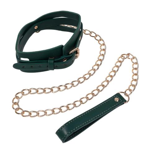 Zielona obroża BDSM ze smyczą – regulacja 34,3–47 cm