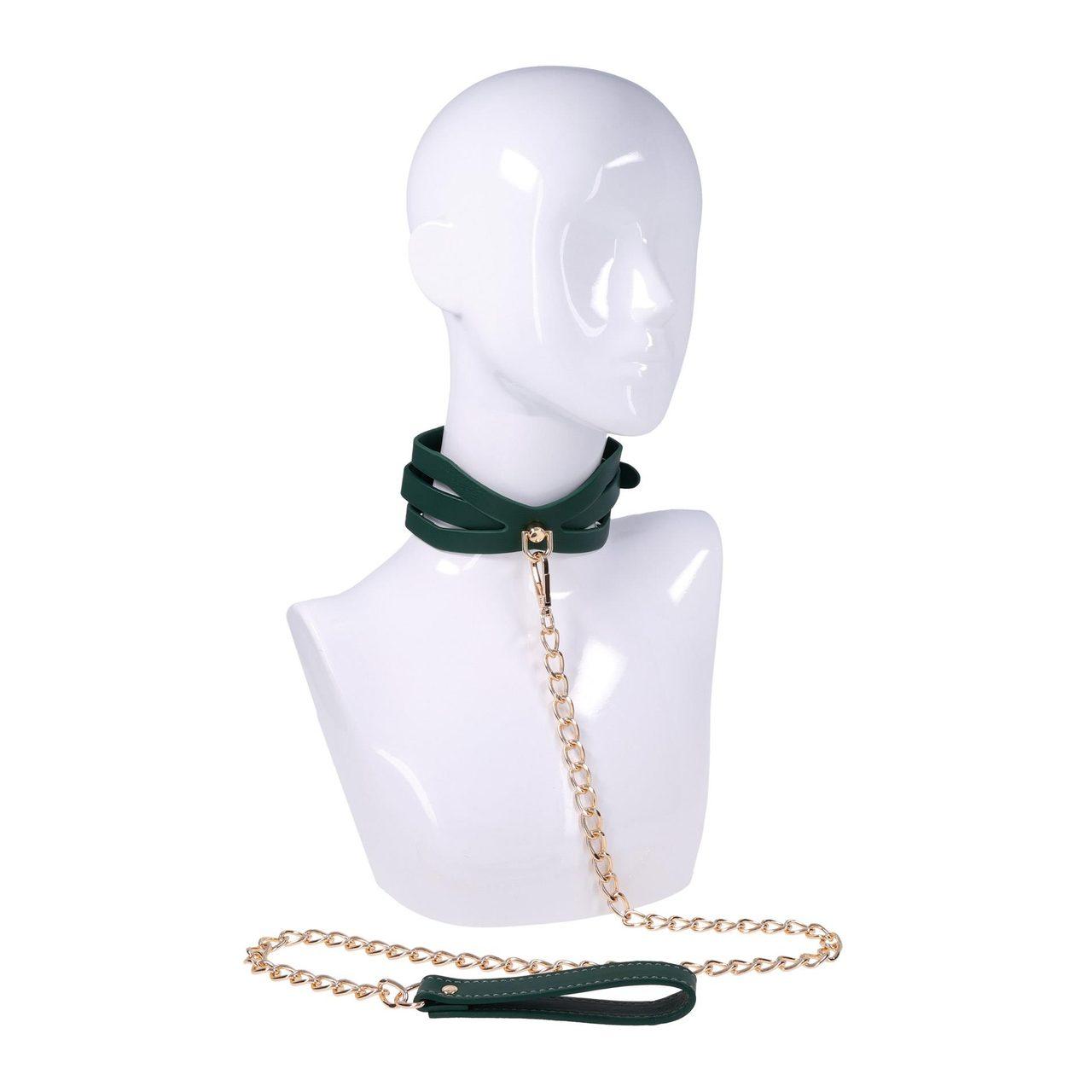 Zielona obroża BDSM ze smyczą – regulacja 34,3–47 cm | Loris.pl