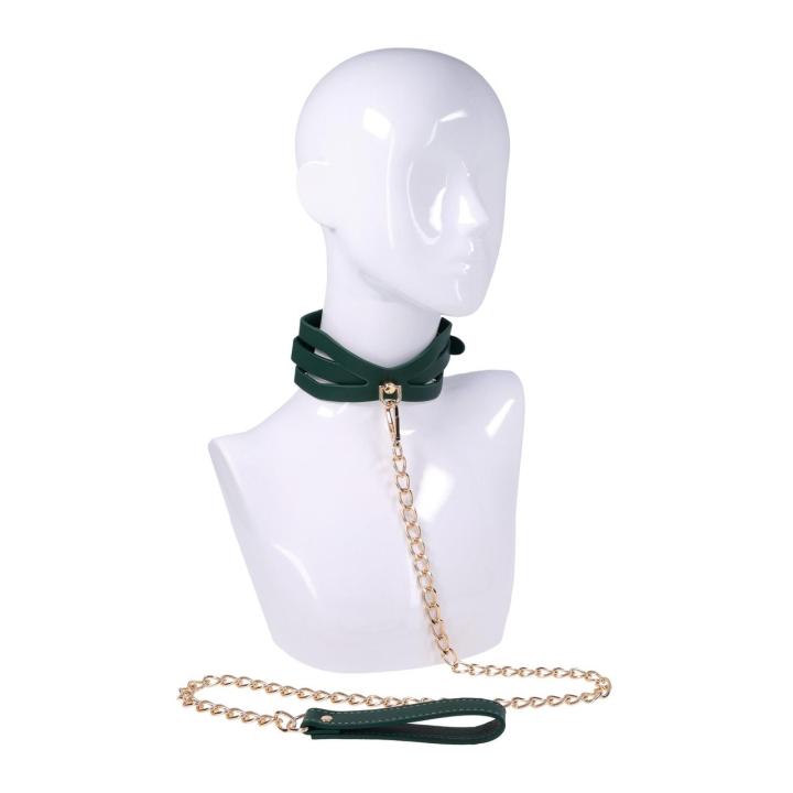 Zielona obroża BDSM ze smyczą – regulacja 34,3–47 cm