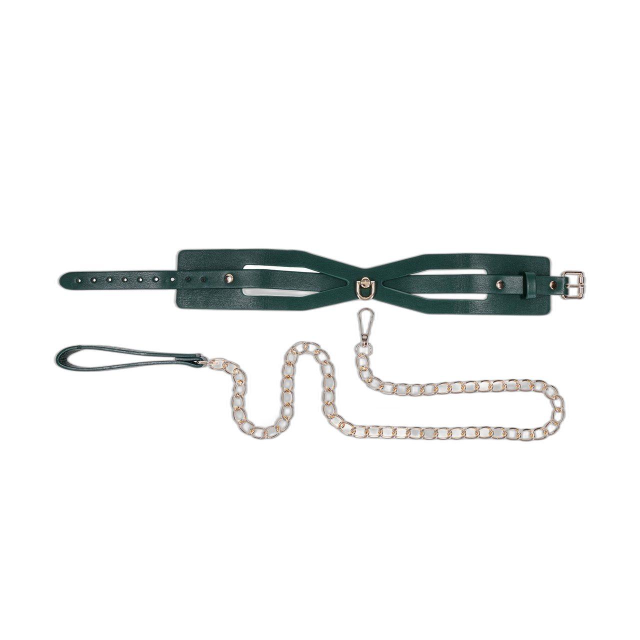 Zielona obroża BDSM ze smyczą – regulacja 34,3–47 cm | Loris.pl
