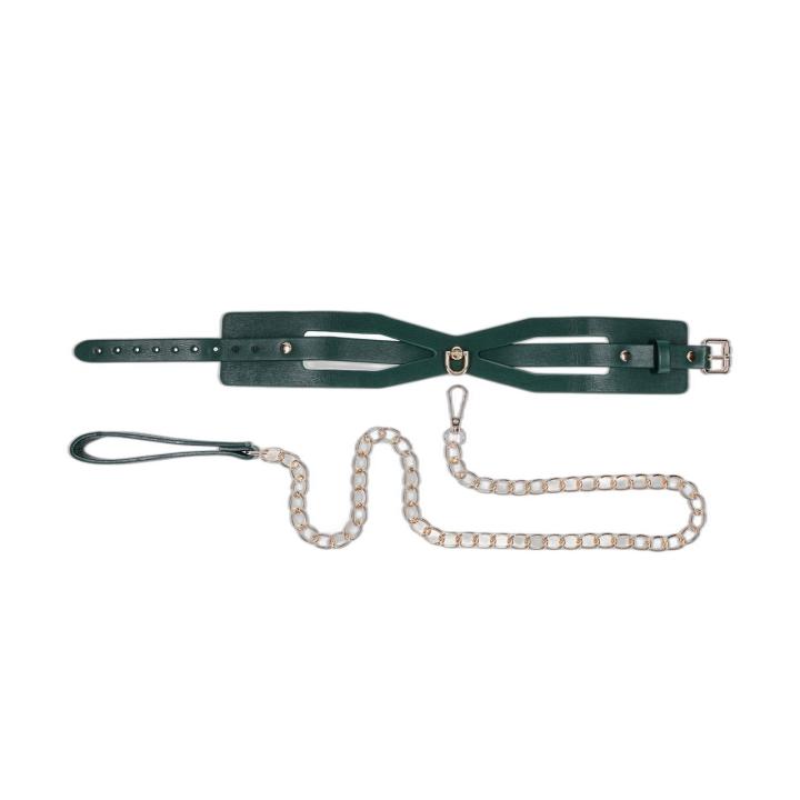 Zielona obroża BDSM ze smyczą – regulacja 34,3–47 cm