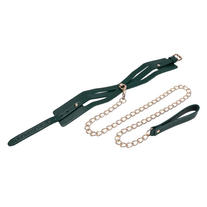 Zielona obroża BDSM ze smyczą – regulacja 34,3–47 cm