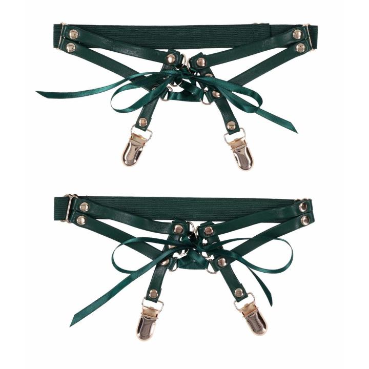 Pasy do pończoch na uda szmaragdowe z wiązaniem | Loris.pl