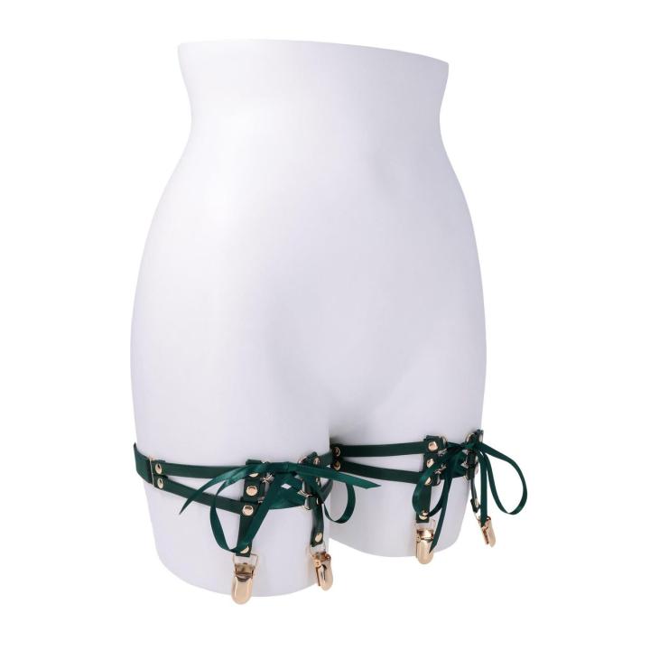 Pasy do pończoch na uda szmaragdowe z wiązaniem | Loris.pl