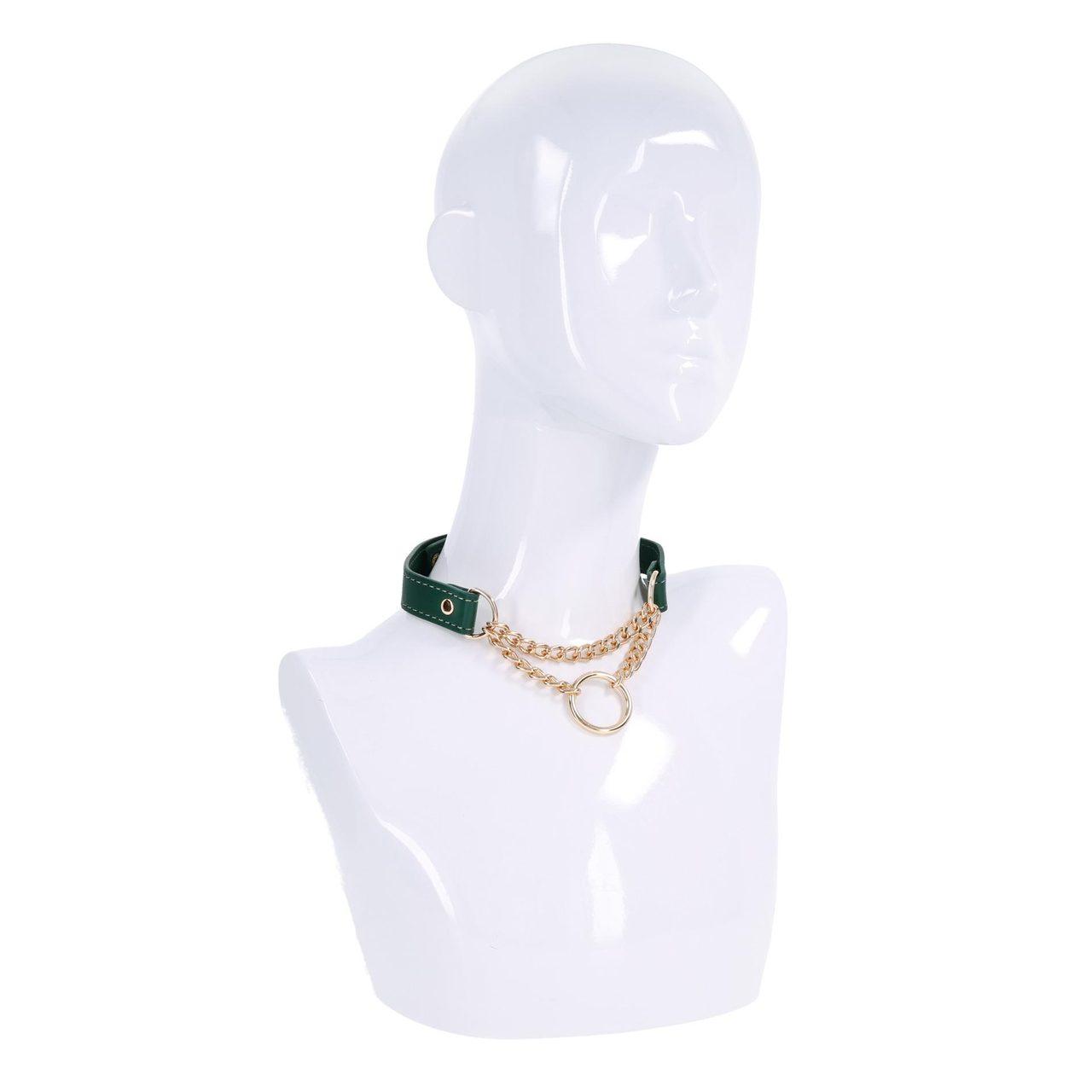 Szmaragdowa obroża BDSM na co dzień 38–48 cm – złote okucia | Loris.pl