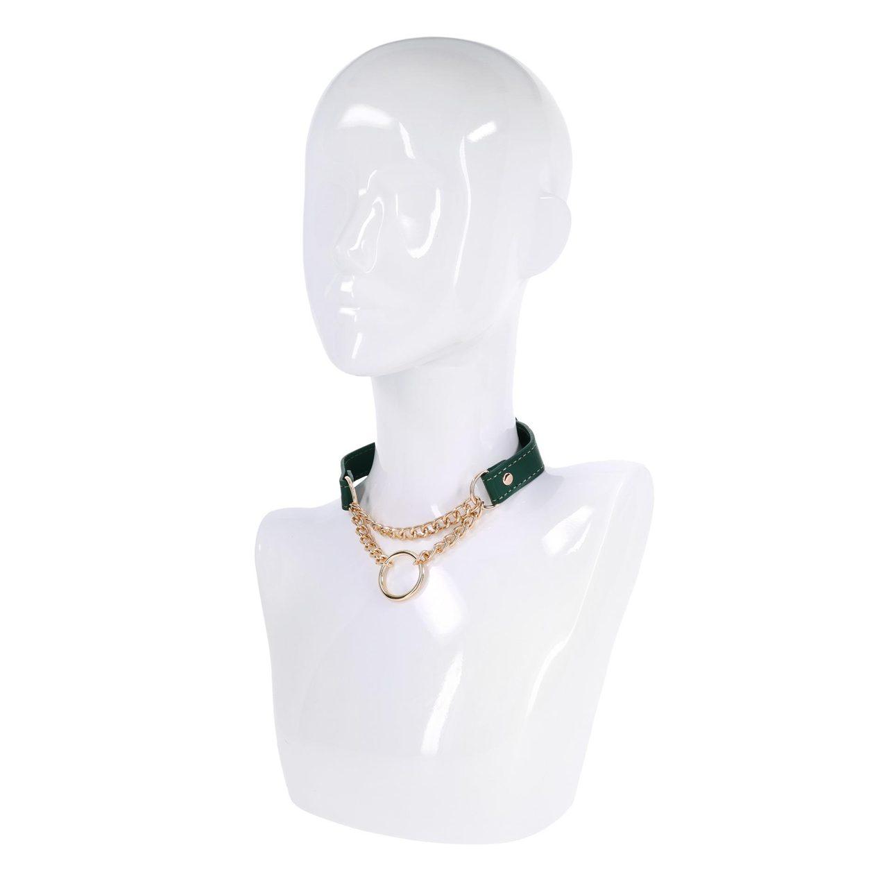 Szmaragdowa obroża BDSM na co dzień 38–48 cm – złote okucia | Loris.pl