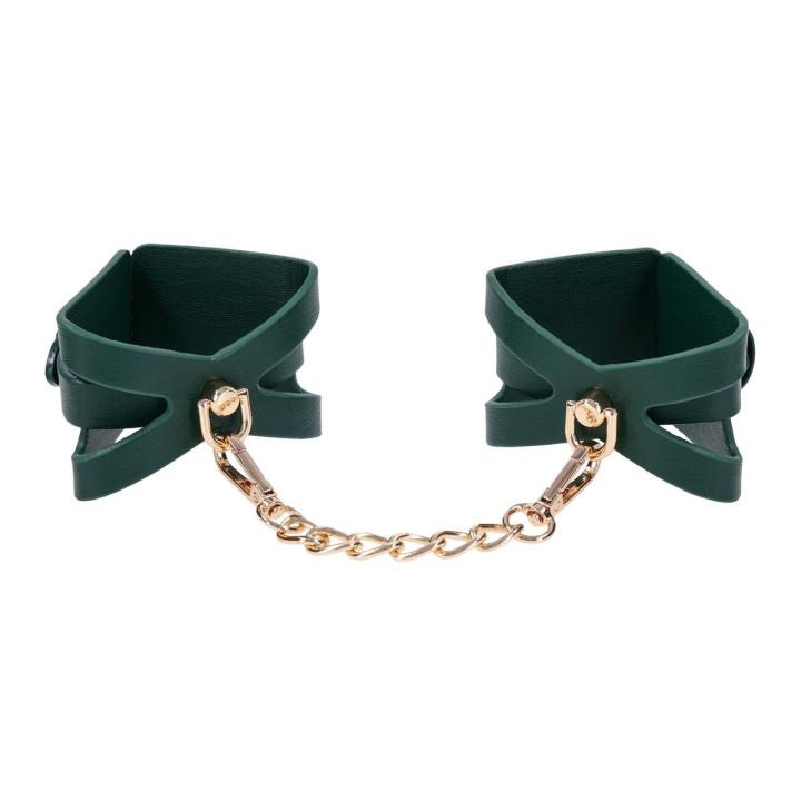 Szmaragdowe kajdanki BDSM z wycięciami i złotymi detalami | Loris.pl