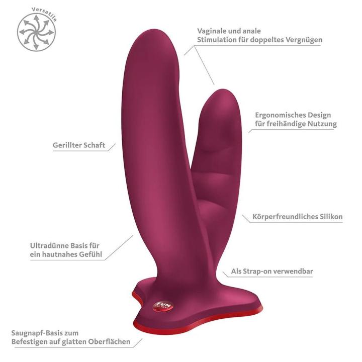 Podwójne dildo U z przyssawką czerwone – stymulacja bez użycia rąk