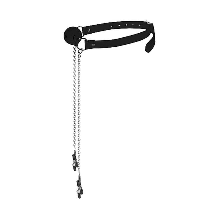 Skórzany knebel z piłką i zaciskami na sutki czarny | Loris.pl