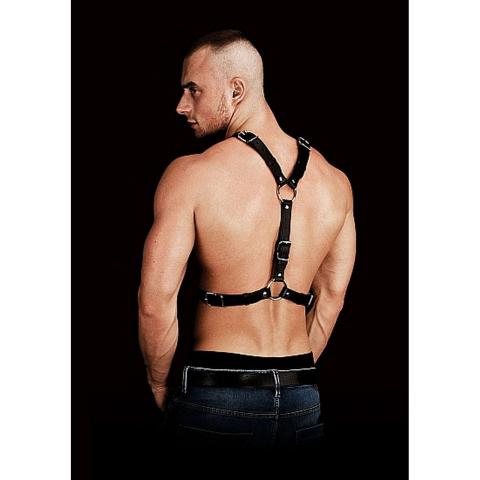 Czarna uprząż na klatkę piersiową z dużym pierścieniem | BDSM