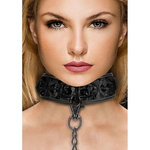 Czarna obroża BDSM ze smyczą na łańcuszku | Regulacja 40–47,5 cm